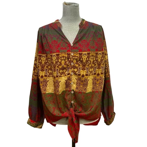 Figueroa & Flower Boho Blouse Top Red Gold Green Womens Size L - Picture 2 of 12